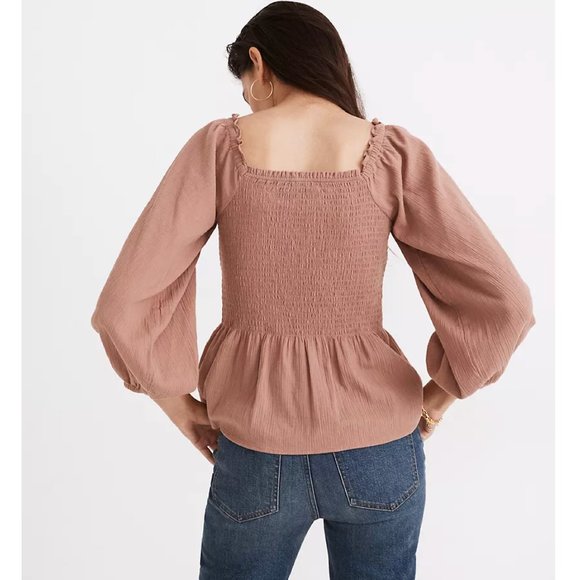MADEWELL Lucie Smocked Peplum Top in Color FADED MAUVE Size 4 - Picture 4 of 13
